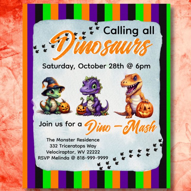 Poster Invitation du parti Halloween Dinosaur Dino-Mash (Diagonal stripe Dinosaur Halloween Dino-Mash Invitation Poster with vertical Halloween stripes. )
