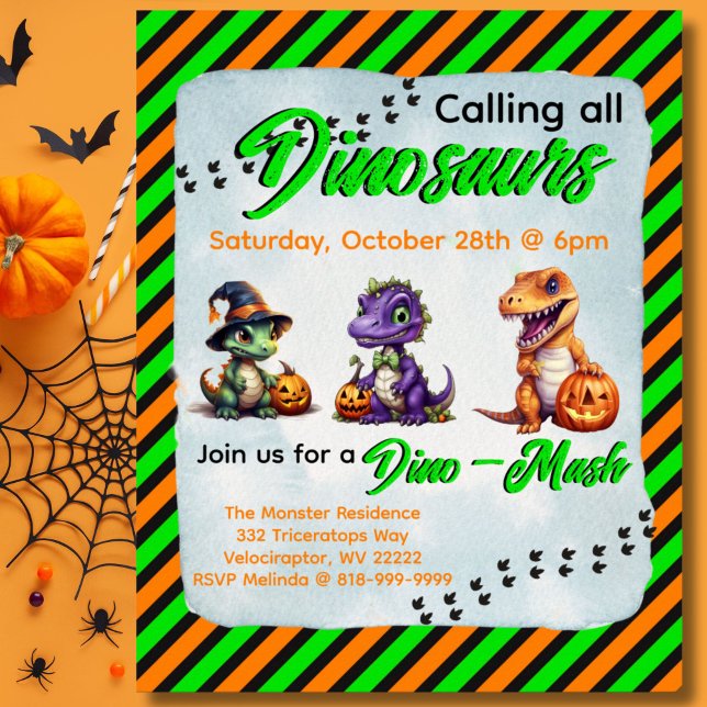 Poster Invitation du parti Halloween Dinosaur Dino-Mash (Diagonal stripe Dinosaur Halloween Dino-Mash Invitation Poster)