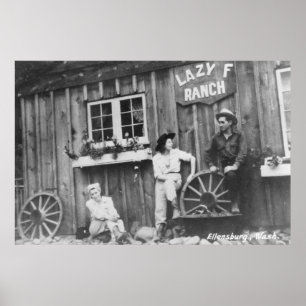 Poster Invités en dehors d'un bâtiment paresseux de ranch
