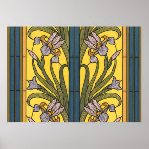 Poster Iris Fleur Art Nouveau Vitrail Bleu Or