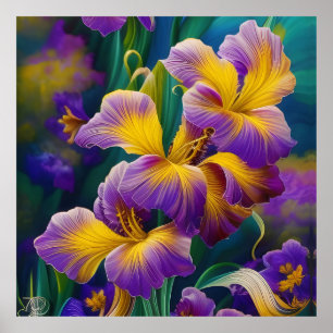 Poster Iris Floral Violet et bleu or feuilles