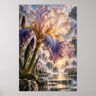 Poster Iris Violet et Crème avec Paysage de Cascade Mural