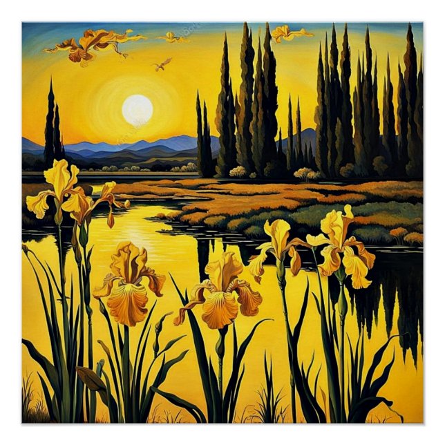 Poster Irises jaunes au bord d'un étang (Devant)