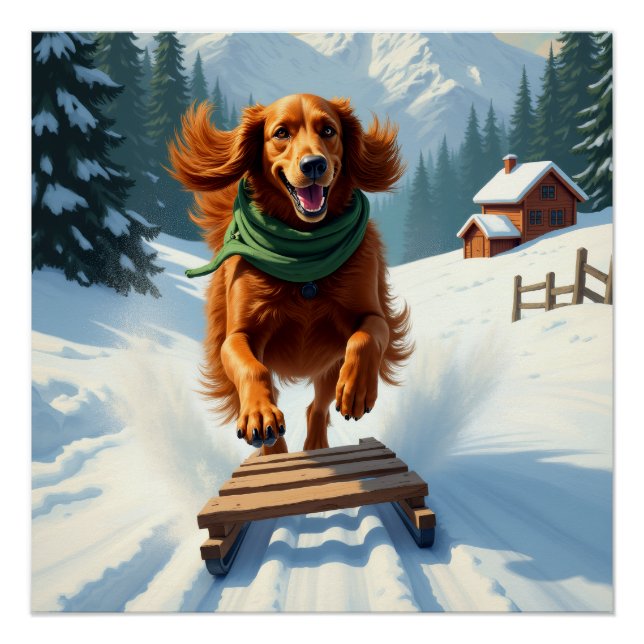 Poster Irish Setter Sledding Adventure Christmas Painting (Devant)