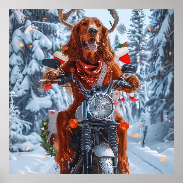 Poster Irlandais Red Setter Chien chevauchant la moto Noë (Devant)