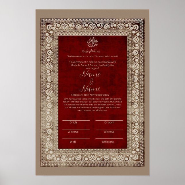 Poster Islam Elegant Rouge et or certificat Nikkah (Devant)