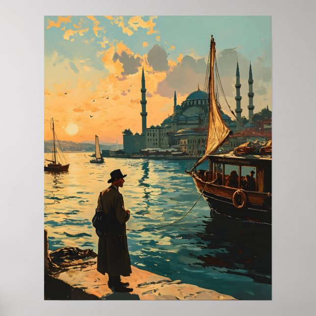 Poster Istanbul : Mosquée Bleue & Bosphore Carte Postale  (Devant)