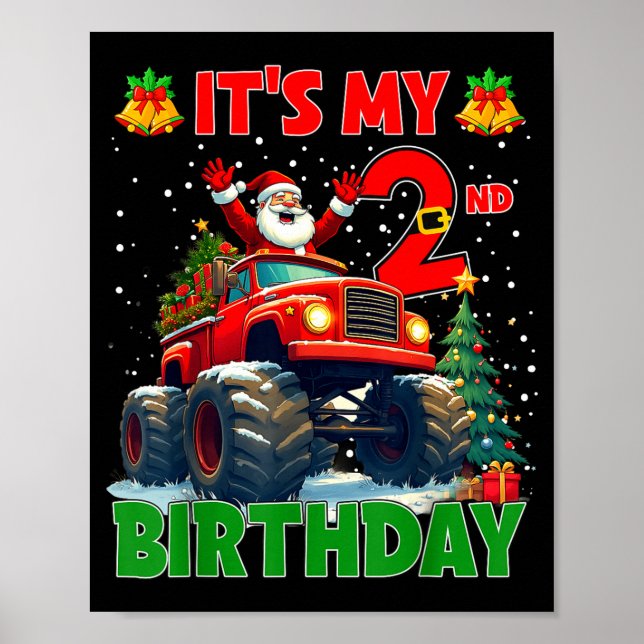 Poster It’s My 2nd Birthday Xmas Santa Monster Truck Chri (Devant)