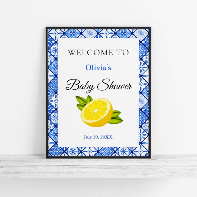 Poster Italie Carrelage bleu citron Baby shower accueil (Italian Blue Tile Lemon Baby Shower Welcome Sign )