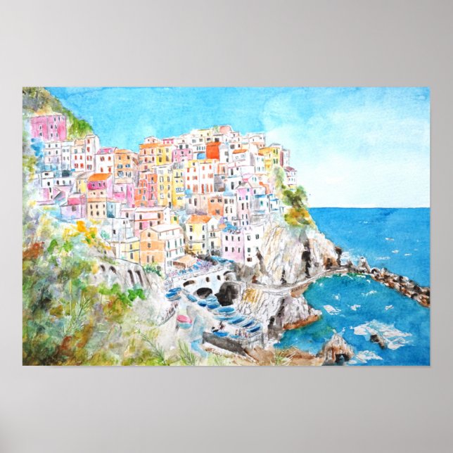 Poster Italie Cinque Terre aquarelle (Devant)