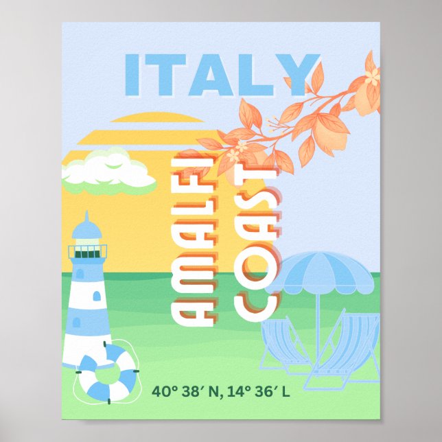Poster Italie Travel Art, Côte d'Amalfi, Preppy, Bleu (Devant)