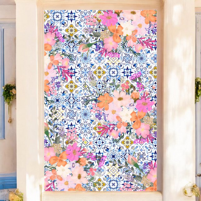 Poster Italien bleu carrelage aquarelle floral nuptiale (Italian blue tile watercolor floral bridal poster)