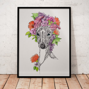 Poster Italien greyhound whippet chien portrait fleurs ar