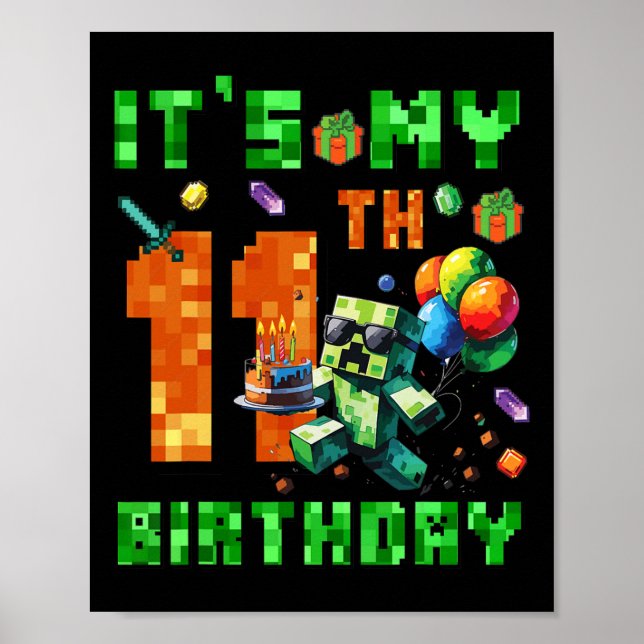 Poster It's My 11th Birthday Pixel Number Video Game Game (Devant)