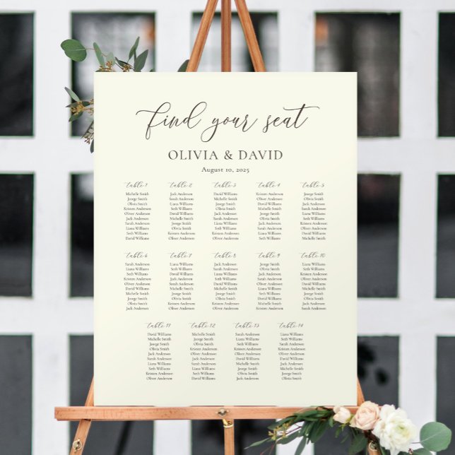 Poster Ivoire & Taupe Script 14 table Seating Chart (Créateur téléchargé)