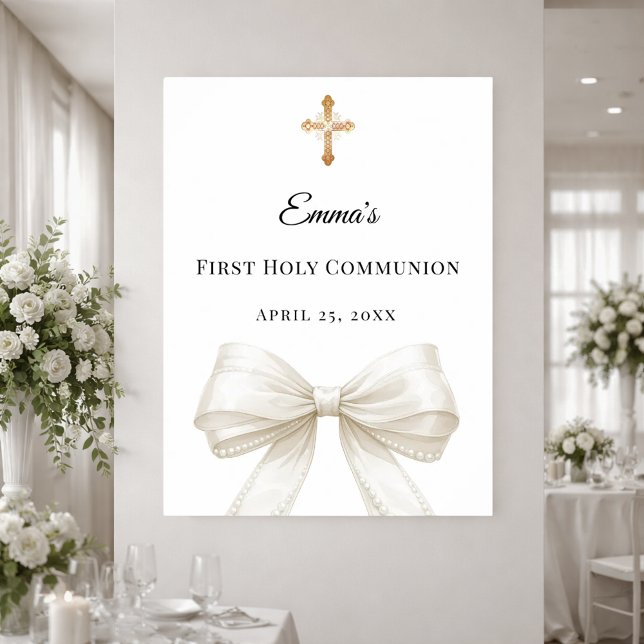 Poster Ivory bow pearls First Holy Communion welcome (Créateur téléchargé)