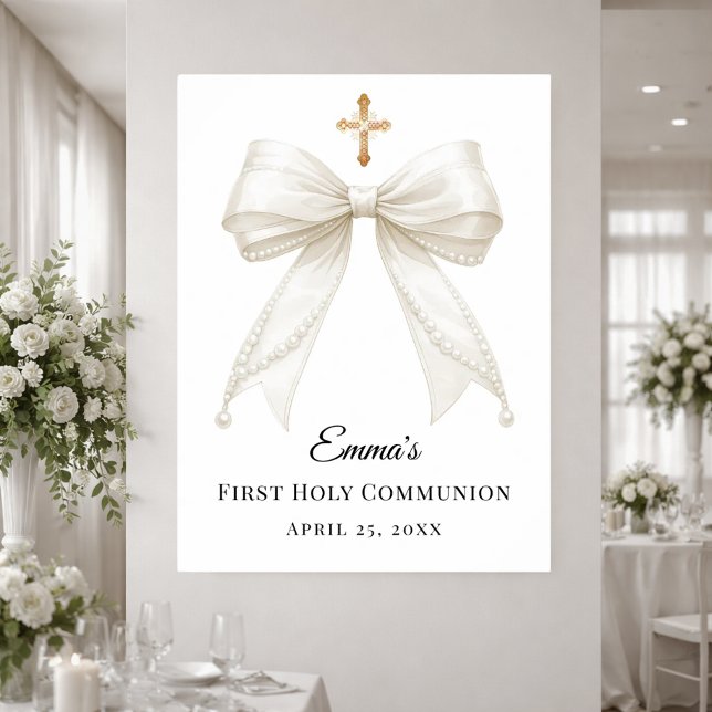 Poster Ivory bow pearls First Holy Communion welcome (Créateur téléchargé)
