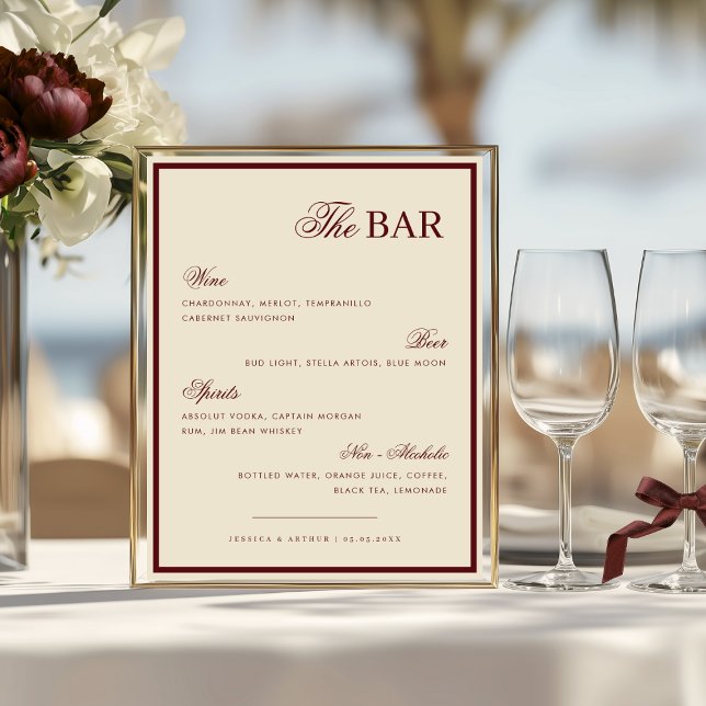 Poster Ivory & Burgundy The Wedding Bar Drink Menu Sign (Créateur téléchargé)