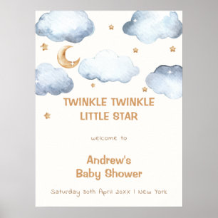 Poster Ivory Moon Stars Twinkle Boy Baby shower Bienvenue