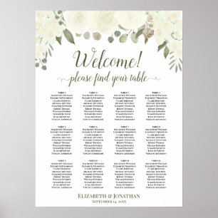 Poster Ivory White Roses 12 Table Wedding Seating Chart