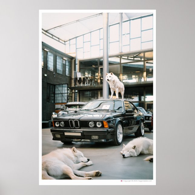 Poster Ivory Wolf Chroma | Wolfs et une voiture (Devant)