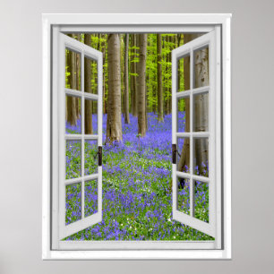 Poster Jacinthes des bois et fenêtre de faux de vue