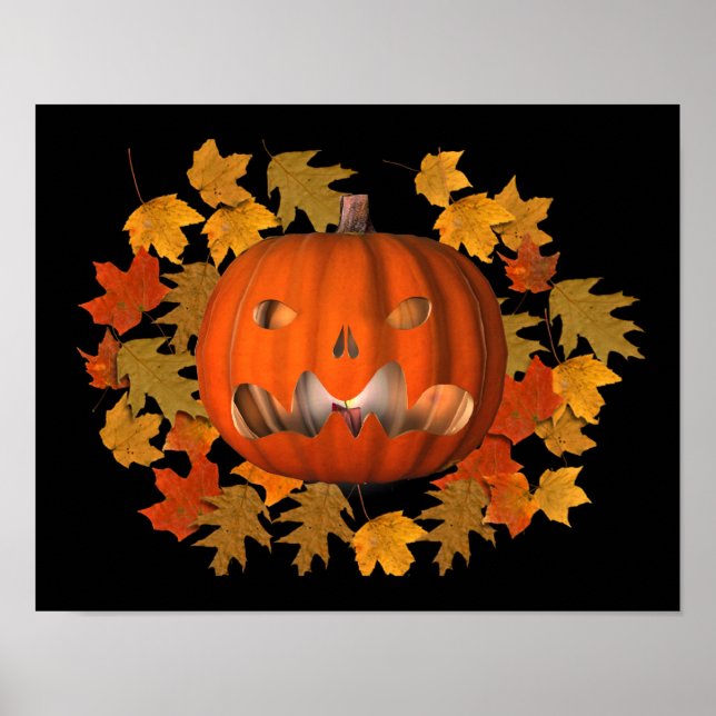 Poster Jack-o'-lantern Moyenne Et Automne Feuilles Hallow (Devant)