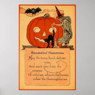 Poster Jack-o'-lantern sorcière noir chat chauve Vintage