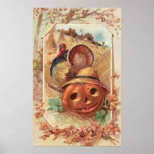 Poster Jack O'Lantern et Turquie Vintage Thanksgiving