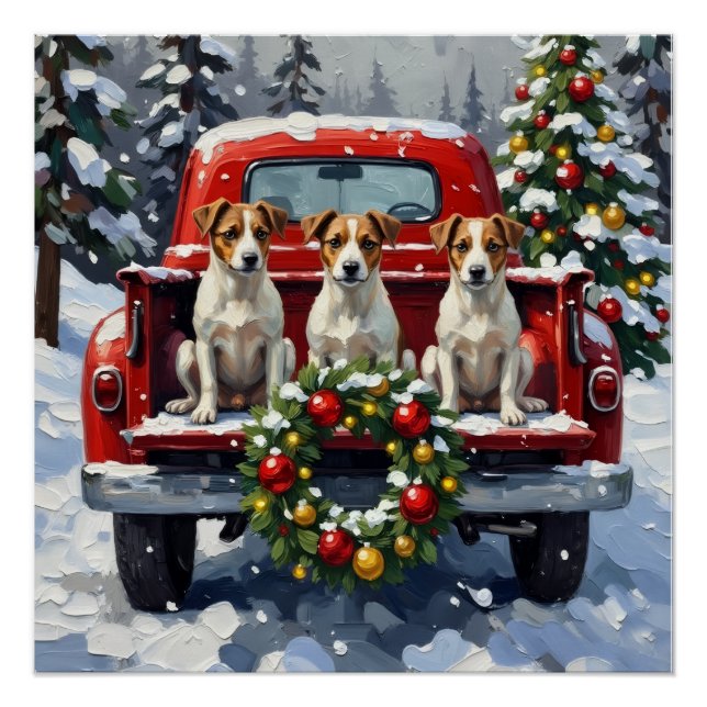 Poster Jack Russell Terrier Christmas Red Truck Holiday (Devant)