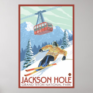 Poster Jackson Hole, Wyoming - Skier et Tramway