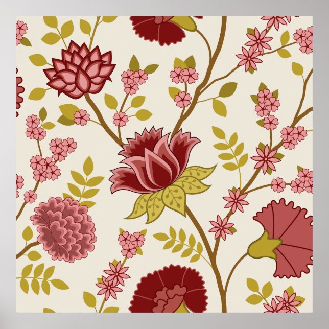 Poster Jacobean Floral Lg Motif Reds Pinks Gold Crème (Devant)