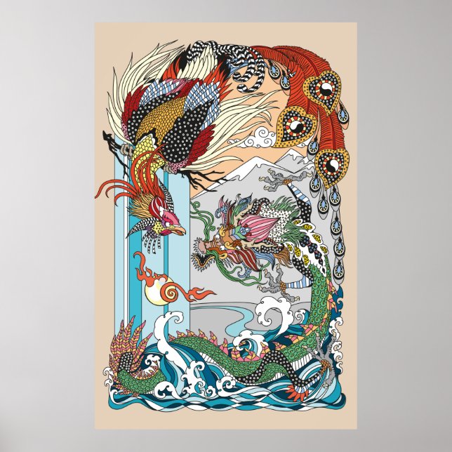 Poster Jade Dragon and Gold Phoenix playing with a pearl  (Devant)