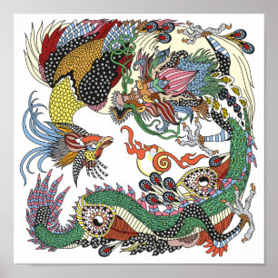 Poster Jade Dragon et Gold Phoenix jouant avec une perle 
