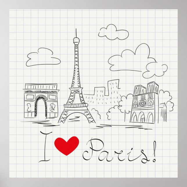 Poster J'adore l'illustration du croquis cool à Paris (Devant)