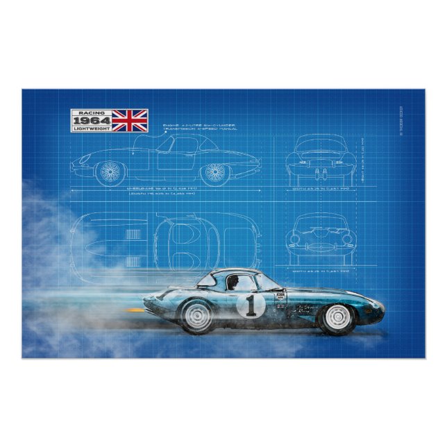 Poster Jag E-Type Lightweight Blueprint (Devant)