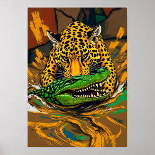 Poster Jaguar et Alligator Battle Art