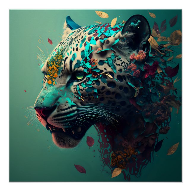 Poster Jaguar turquoise et or floral (Devant)