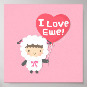 Poster J'Aime Ewe mignon Humour à la luge