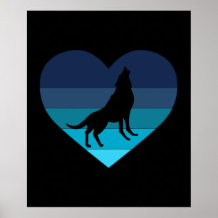 Poster J'aime les loups hurleurs rétro cœur