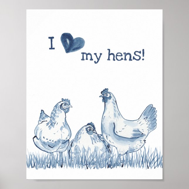 Poster J'Aime Mes Poules Bleu Poulet Peinture Rustique De (Devant)