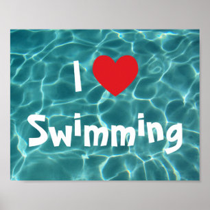 Poster J'aime Nager Cœur Rouge avec Eau de Piscine Aqua