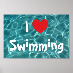 Poster J'aime Nager Cœur Rouge avec Eau de Piscine Aqua