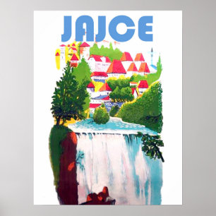 Poster Jajce, cascades Bosnie, Yougoslavie, vintage