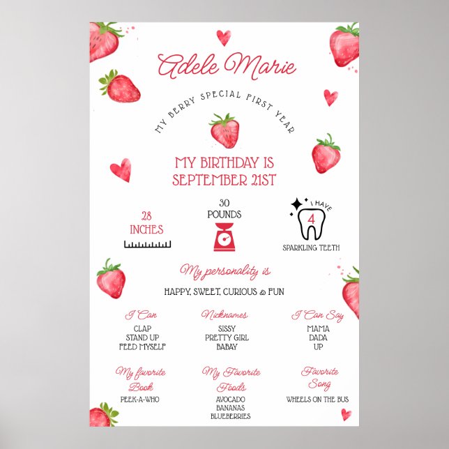 Poster Jalon de premier anniversaire de fraise (Devant)