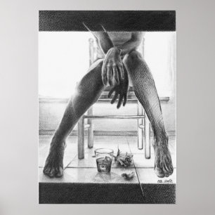 Poster Jambes féminines, verre et rose Dessin au crayon a