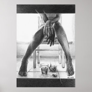 Poster Jambes féminins, verre et rose Dessin au crayon ar