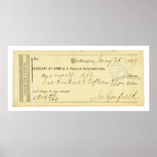 Poster James Garfield Signed Check du 25 janvier 1877