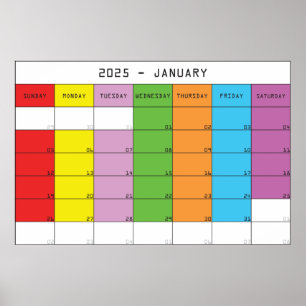 Poster Janvier 2025 jours couleur calendrier plancer