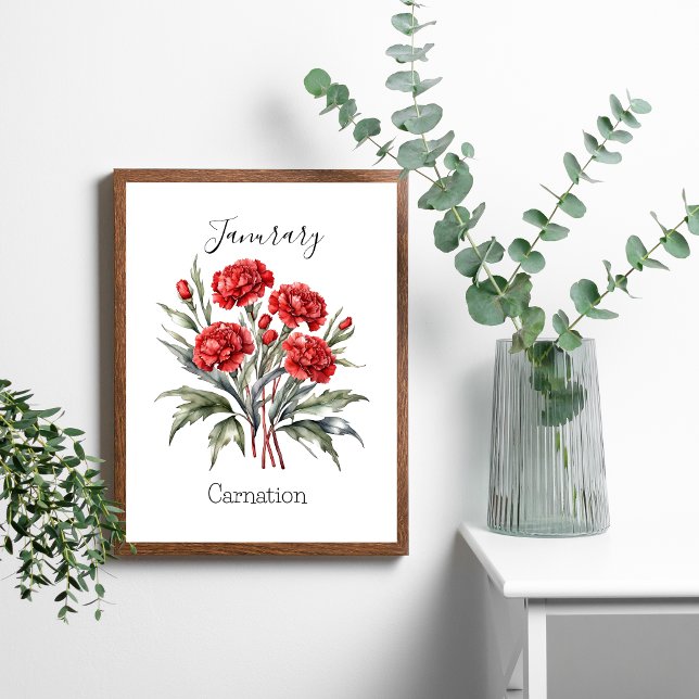 Poster Janvier Mois de naissance Fleur Carnation Annivers (January Red Carnation Birth Month Flower Poster Print Wall Art. Personalize it)